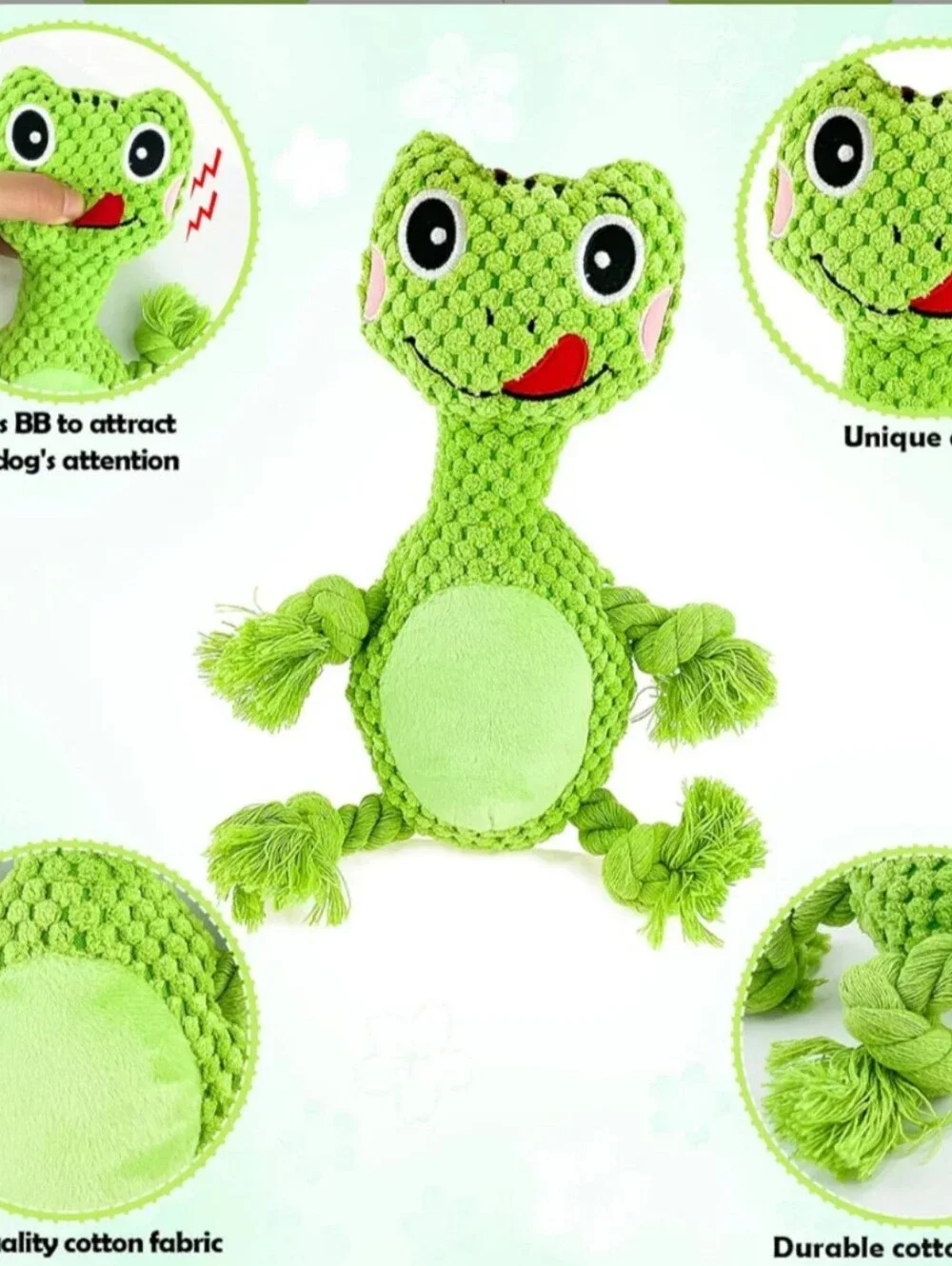 Hobby Lobby Bright Green Plush Frog Rope-Limb Dog Toy with Pink Cheeks